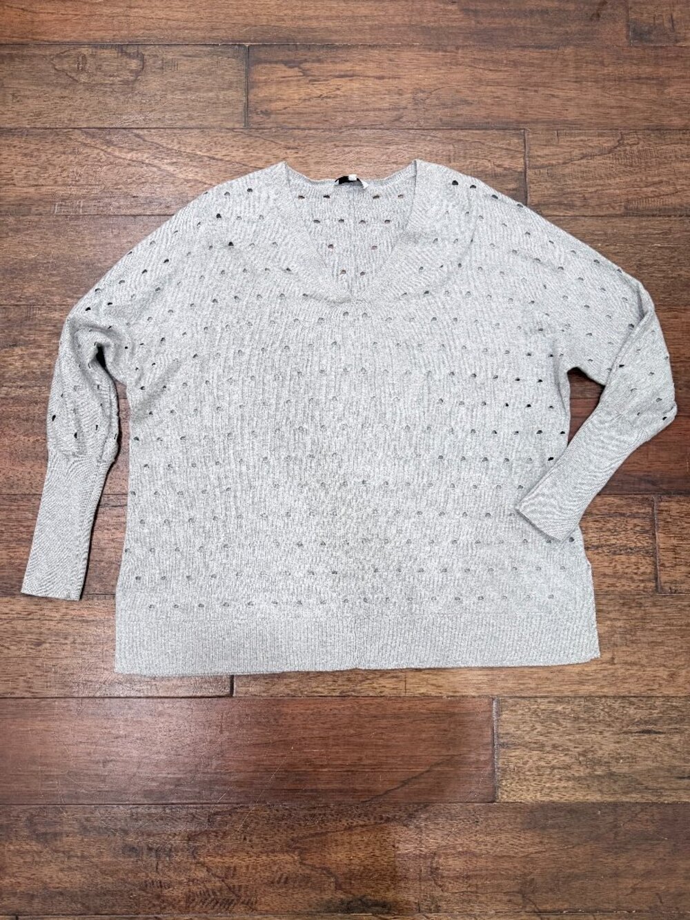 J Society Gray Perforated Knit Sweater V Neck Lightweight Cotton Pullover Small